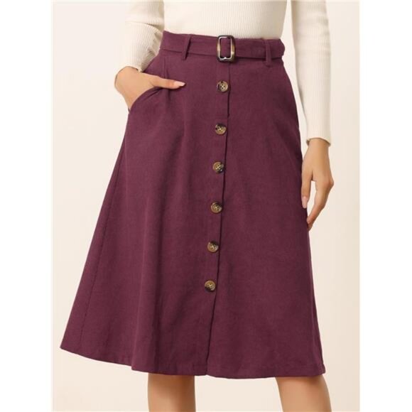 Womens High Waist Button Front A-Line Skirt Burgundy - Picture 2 of 5